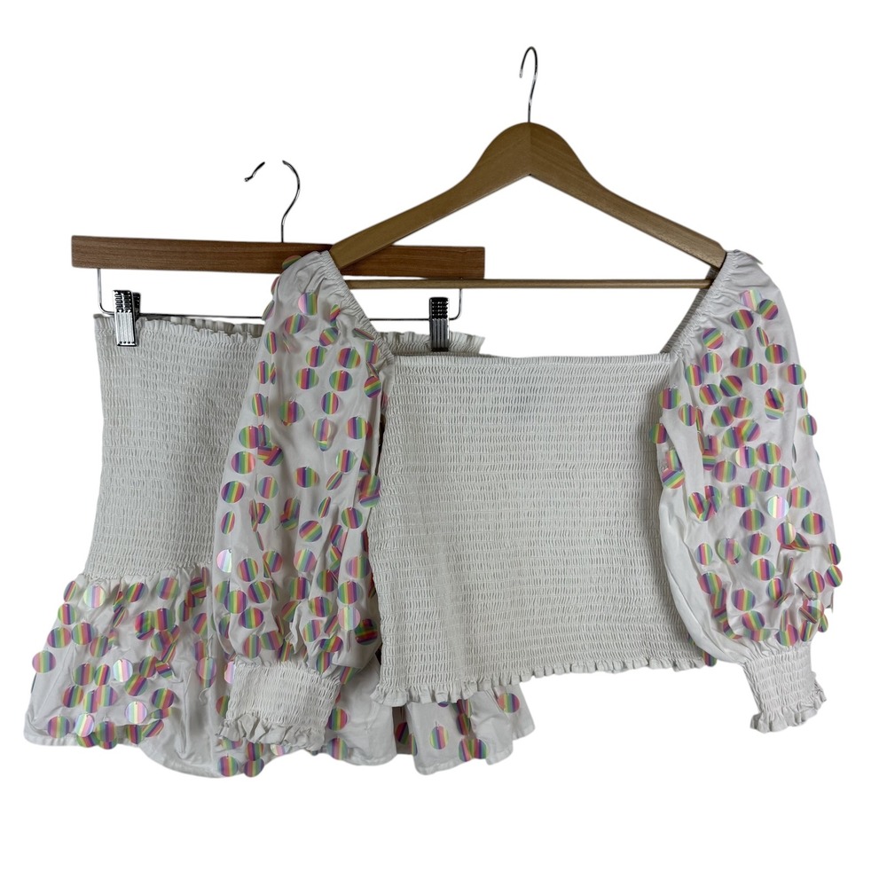 Queen of Sparkles White Smocked Rainbow‎ Sequin Top & Skirt Coord Set Medium
